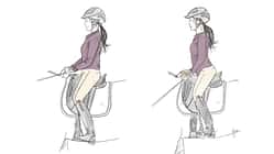 Karikatur einer Reiterin im Hohlkreuz