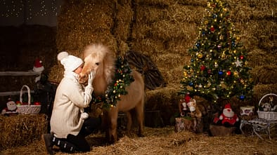 Frau mit ihrem Pony in weihnachtlich geschmückten Stall
