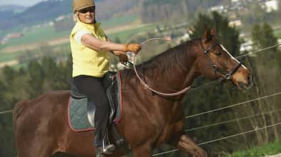 Linda Tellington-Jones reitet ein braunes Pferd mit Halsring
