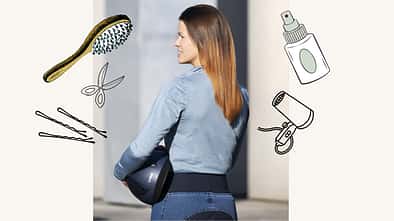 Trockenshampoo, Reiterin, Haarpflege, Reiter-Frisuren, Reiter-Beauty, Mähnenspray für die Reiterin Eine Reiterin mit langen braun-roten Haaren mit Haarpflege-Utensilien als Collage