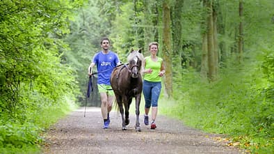 Barbara und Stefan beim Lauf durch den Wald mit Marathonpony Ciel