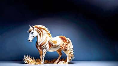 Ein zu dickes Pferd als Papier-Artwork vor blauem Hintergrund