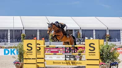 DKB Pferdewoche, Springen, Springreiten, Big Lady ZE, Tomma Thiesen, Oxer Big Lady ZE und Tomma Thiesen über dem Sprung beim Preis der Gebr. Schütt KG GmbH & Co.