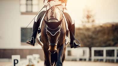  Porträt eines Dressurpferdes auf dem Turnier von vorne. Beine des Reiters im Steigbügel sind zu sehen. 