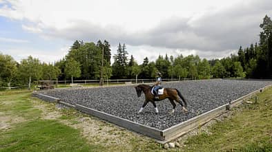 Reitplatz mit Reiterin auf Pferd, Außenaufnahme, Dressurviereck mit dunklen Teppichflocken, umgeben von Bäumen.