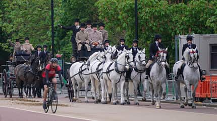 Krönung, König Charles Windsor Greys vor der Kutsche bei Krönungs-Probe