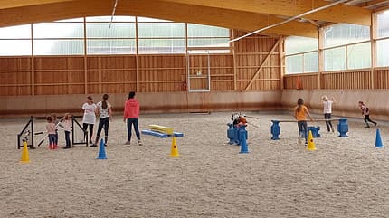 Hobbyhorse, Hobbyhorsing, Steckenpferd, Kinder Kinder beim Hobbyhorsing in der Reithalle