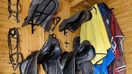 CAVALLO Pferdedecken-Spezial, Sättel und Decken an der Wand aufgehängt CAVALLO Pferdedecken-Spezial, Sättel und Decken an der Wand aufgehängt