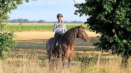 CAVALLO Spiel mit Energie-Kicks und Gelassenheit, Reiterin meditiert auf Pferd CAVALLO Spiel mit Energie-Kicks und Gelassenheit, Reiterin meditiert auf Pferd