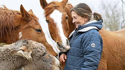 Kathrin Brunner-Schwer, Dressurausbilderin, Nuno Oliveira, KBS Riding Kathrin Brunner-Schwer mit ihren beiden Füchsen und einem Esel