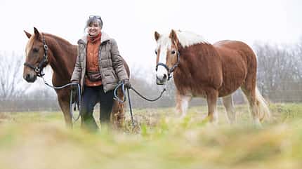 Sonja Weber, Klassische Dressur, Klassische Reitkunst, Pferdeausbildung, Weide, Selbstversorger Sonja Weber führt zwei Pferde von der Weide