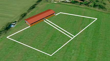 Offenstall Planung, Aktivstall, Stallbau, Schauer, Pferdehaltung, Stall Planungsskizze eines Muster-Offenstalls mit Liegehalle und Markierung der Freiflächen