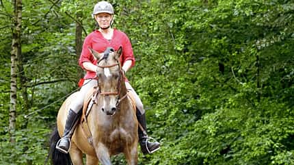 Cross-Körper-Koordination, Reitersitz, Reiterhilfen, Feine Hilfen, Körper Übungen Eine Reiterin reitet in Stellung auf die Kamera zu