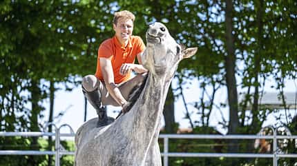 Josef Kmoch, Jungpferdeausbildung, Springpferd, pferdegerechtes Reiten, Fair zum Pferd, Beziehung Mensch Pferd, Pferd kraulen, Partner Pferd, Vertrauen Josef Kmoch hockt auf dem Schimmel und krault ihm den Hals, was dem Pferd sichtlich gefällt