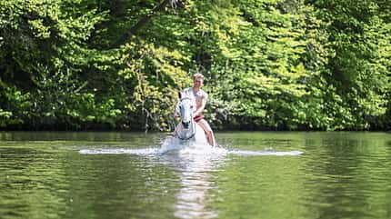 Josef Kmoch, Jungpferdeausbildung, Springpferd, pferdegerechtes Reiten, Fair zum Pferd, Schwimmen mit Pferd, Wasser, Baden mit Pferd Josef Kmoch mit seiner Stute Kassi beim Schwimmen