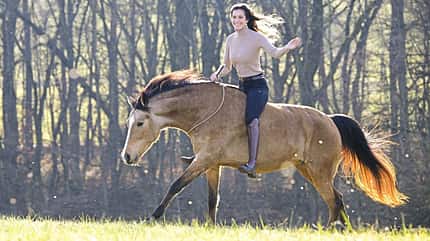 Emilia Schlotterbeck, Gala, Influencer, dancinghorses; Showreiterin, Falbe, Palomino Emilia Schlotterbeck galoppiert ohne Sattel mit ihrem Pferd Gala am Halsring über die Wiese