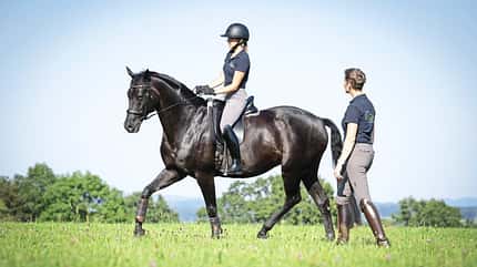 Eine Reitschülerin mit einem Rappen auf der Wiese beim Unterricht mit ihrer Reitlehrerin