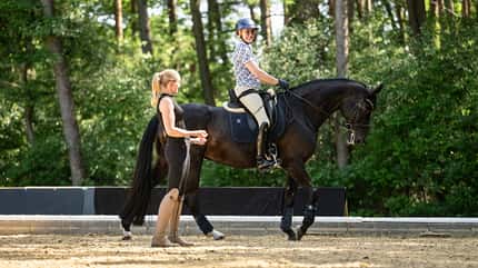 Reitunterricht, Pferd, Trainerin, Reiterin, Außenreitplatz, Helm, Dressur, Warendorf, Reitsport, Cavallo, Reitstunde, Reitunterricht, Dressur, Training, Coaching, Para-Reiten Reitunterricht mit Trainerin Katharina Hemmer und Reiterin Gianna Regenbrecht auf schwarzem Pferd im Außenreitplatz, umgeben von Wald.