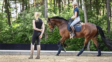 Antonia Baumgart, Trainertag, Warendorf, Reitunterricht, Dressurtraining, Pferdesport, Reitplatz, Reithelm, Trense, Dressursattel, Ridingtogether, #ridingtogether, Abus, Pikeur, Katharina Hemmer Antonia auf einem braunen Pferd wird von Katha Hemmer als Trainerin am Rand des Vierecks angeleitet. Pferd und Reiterin sind für die Dressur ausgerüstet, mit Dressursattel, Schabracke, Trense und Beinschutz; die Reiterin trägt Reithelm und Reithandschuhe. Die Szene findet auf einem sandigen Außenplatz am Waldrand statt.
