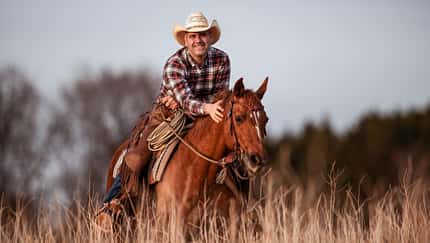 Bernd Hackl auf dem Perd in einem Feld