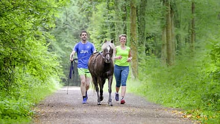 Barbara und Stefan beim Lauf durch den Wald mit Marathonpony Ciel
