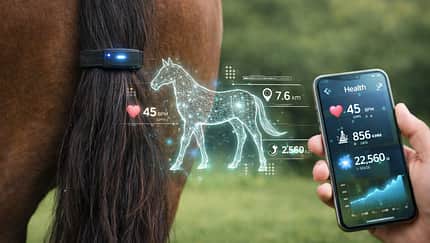 Ein Smartphone mit Fitness-Daten zum Pferd, im Hintergrund ein Fitness-Tracker am Schweif
