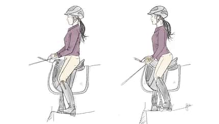 Karikatur einer Reiterin im Hohlkreuz