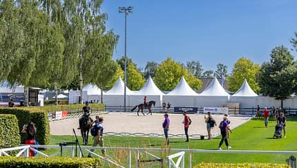 Sloth Nadja Aaboe, Laudrup - Dufour Cathrine, Kruth Carina Cassoe, Bachmann Daniel, DEN, Dressur, Dressage, Reitstadion Soers, Aachen, Reiten, Reitsport, Equestrian, Dressurreiten, Reit-WM, FEI Dressage World Championship, Familiarization, Training AACHEN - FEI World Championships 2026: Blick auf einen der Trainingsplätze.