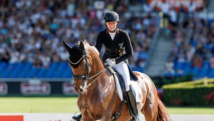 HEMMER Katharina (GER), Denoix PCH, Dressur, Dressage, Reitstadion Soers, Aachen, Reiten, Reitsport, Equestrian, Reit-WM, FEI World Dressage Championship, Grand Prix Special AACHEN - FEI World Championships 2026: Katharina Hemmer mit Denoix PCH nach der Prüfung beim Ausritt aus dem Viereck.