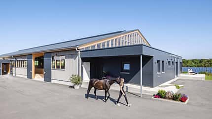 Schlosser SAR, Schlosser-Stallbau, Reitstall, Pferdestall, Reitanlage, Stallbau, Holzbau, Reithalle, Architektur Das Foto zeigt eine Reithallenanlage von Schlosser nach dem SAR-Konzept. Im Vordergrund führt eine Person ein Pferd über den Hof.